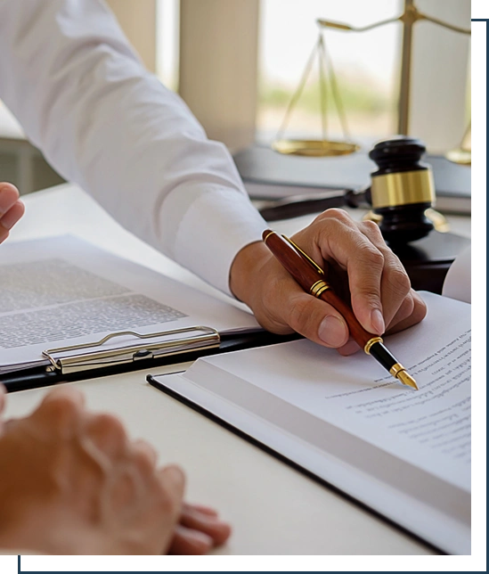 Legal counsel presents to the client a signed contract with gavel and legal law or legal having team meeting at law firm in background