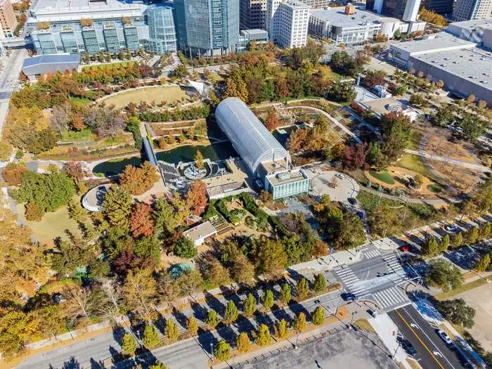 Aerial view of the downtown cityscape and Myriad Botanical Gardens at Oklahoma